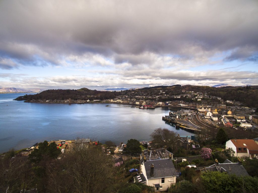 Drone photo of Oban and the surrounding landscape