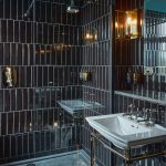 Bathroom with black tiles on the walls