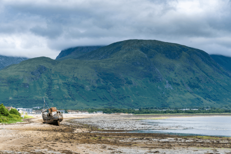 Caol Beach with the Corpach Shipwreck and Ben Nevis visible