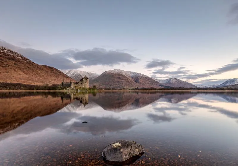 Landscape photograph of Loch Awe, with a castle in the background.